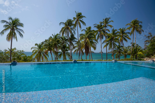 An infinity pool among palms on the beach over the Pacific Ocean  Las Perlas archipelago  Panam    Central America