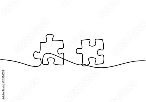 Continuous one line drawing of puzzle jigsaw pieces. Problem solving and solution business metaphor sign and symbol.