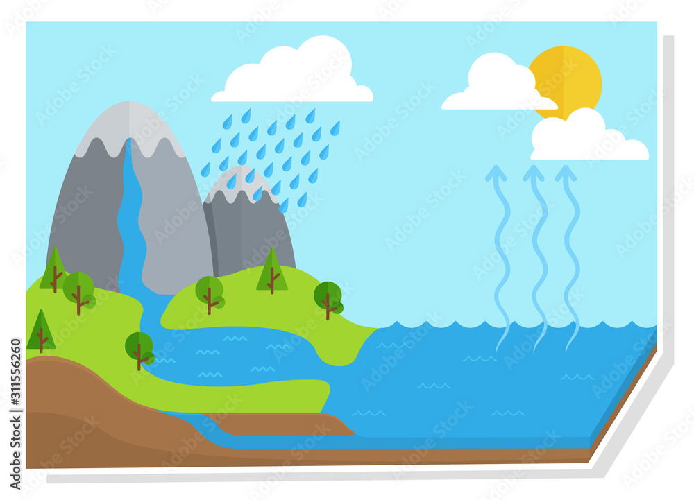 Water cycle diagram.Vector shows the water cycle from water droplets to