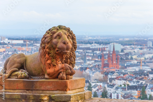 Wiesbaden in Hessen Germany view from Neroberg, in the foreground a statue of a lion, in the background a view of the city.