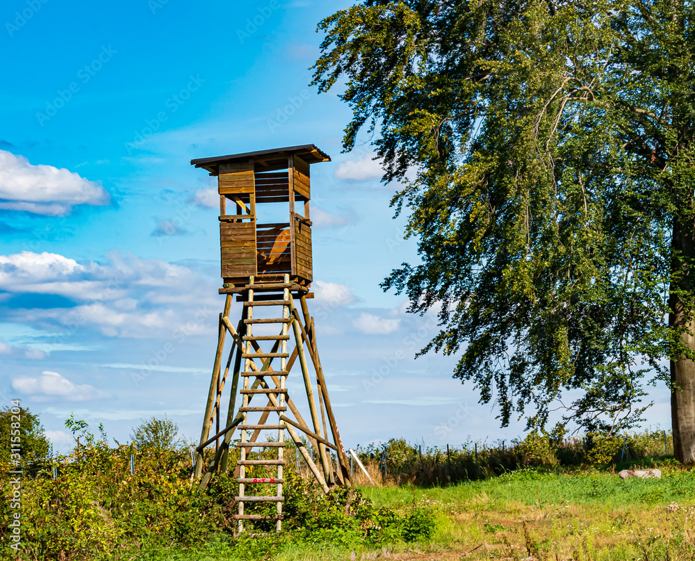 A high seat for hunters at Frauenberg near Marburg in Germany.