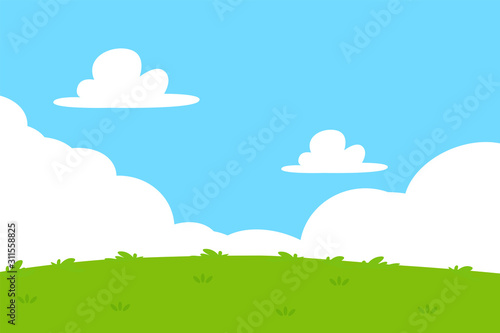 Flat grass and sky background. Cartoon outdoor park background with green grassland Four bright sky.