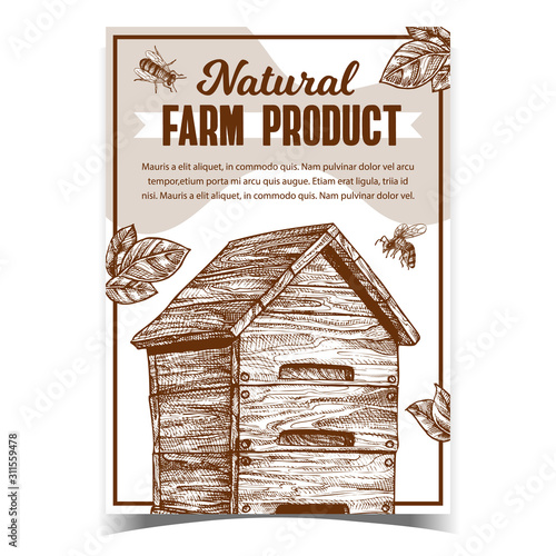 Bee And Wooden Beehive Farm Product Poster Vector. Bee Hive, Insects And Plant Green Leaves On Apiary Creative Promo Banner. Natural Honey Harvesting Layout Monochrome Illustration