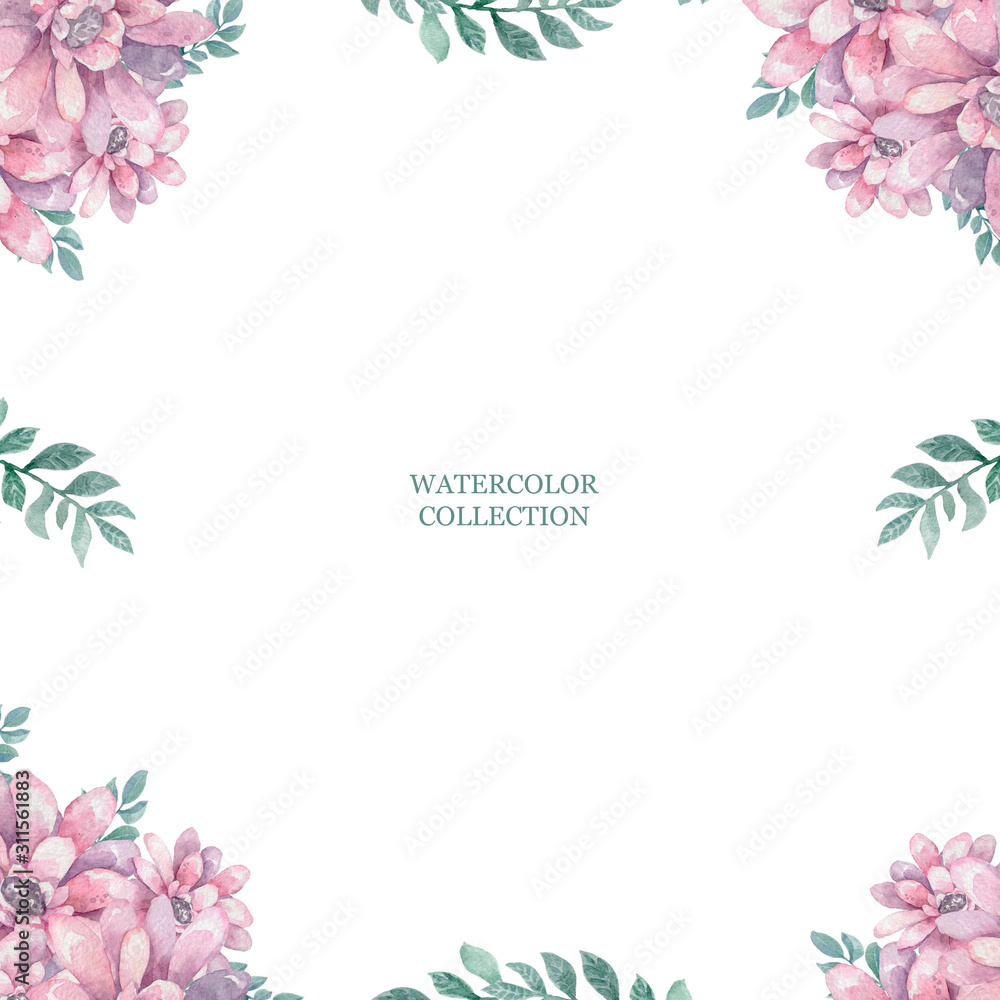 Soft pink flowers background. Watercolor boho style for wedding, birthday, invite card.