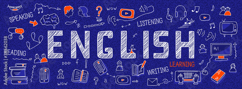 Obraz na plátně Internet banner about learning English language: white outline icons, symbols, signs on blue background