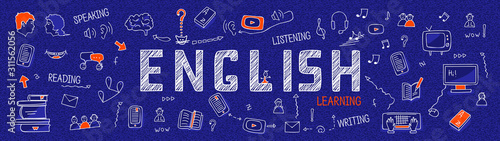 Internet banner about learning English language: white outline icons, symbols, signs on blue background. Line art illustration: learners, book, dictionary, speaking, reading, writing, listening skills