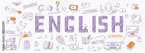 Fotografie, Obraz Header for websites about learning English language with outline icons, symbols, signs on white background