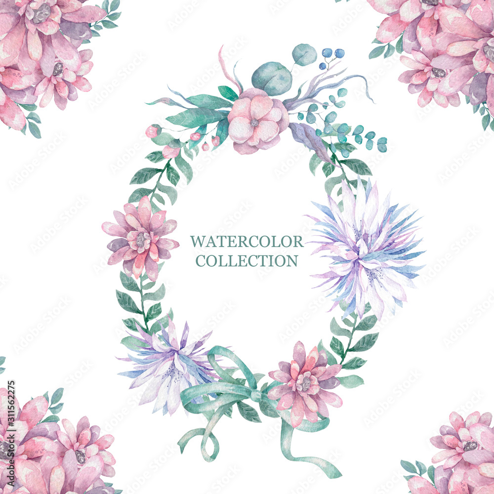 Invitation. Wedding or birthday card. Floral frame. Watercolor background with pink flowers and green leaves. Boho style. Beauty isolated bouqet circle frame background