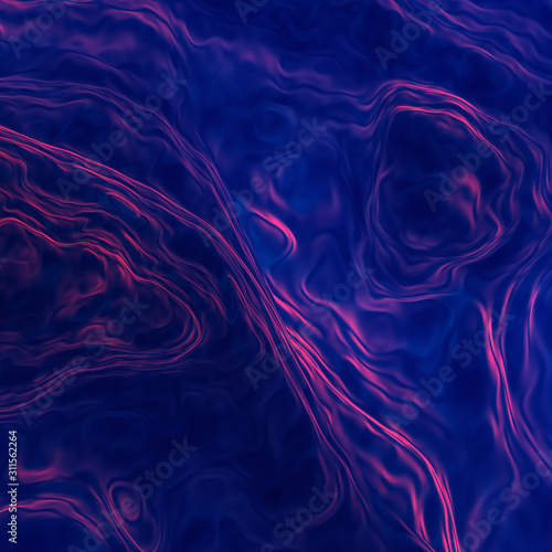 Fototapeta Naklejka Na Ścianę i Meble -  Deep water neon background. Ocean bottom in fluorescent colors. Unusual terrain surface. Dark blue underwater. Glowing wavy texture. 3d render