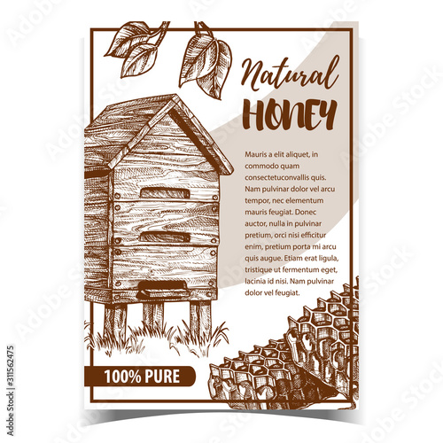 Honeycomb And Farm Wooden Beehive Poster Vector. Honeycomb, Bee Hive And Green Leaves On Creative Advertising Banner. Apiary For Produce Natural Honey Template Hand Drawn Monochrome Illustration