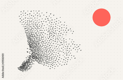 Collective intelligence concept. Crowd behaviour. Flocking boids simulation. Artificial life model. Swarm formation. Group of self organized objects. 