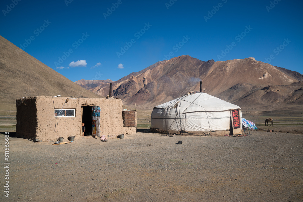 Village with yurts near Pamir highway in Tajikistan