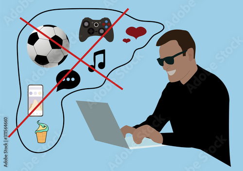 Control yourself illustration. Hand drawn man controls him wishes and work time. Self control, free will. Stock vector EPS10.