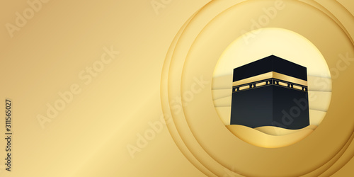 Gold Black Mecca Makkah Al Mukarramah Background for Islam Moslem Hajj Peace All the World. Presentation Design Template.