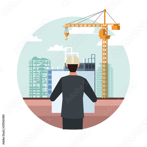 engineer over under construction scenery and white background