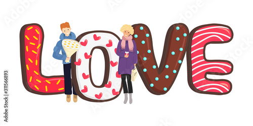 Vector Flat Illustration with Cookies and Couple. Chocolate Shortbread looks like Love and Enamored People seeing Each Other. The Man waiting with Bouquet and Woman coming with Gift and Shopping Bag