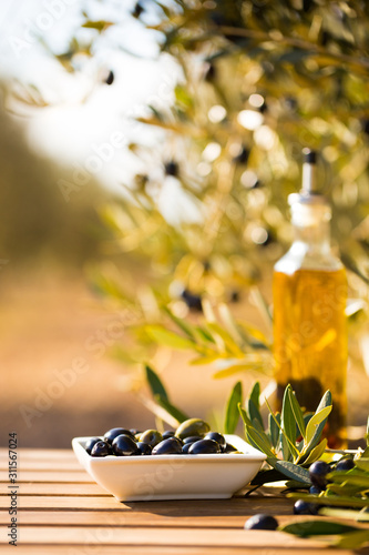 green and black olives on table in olive grove