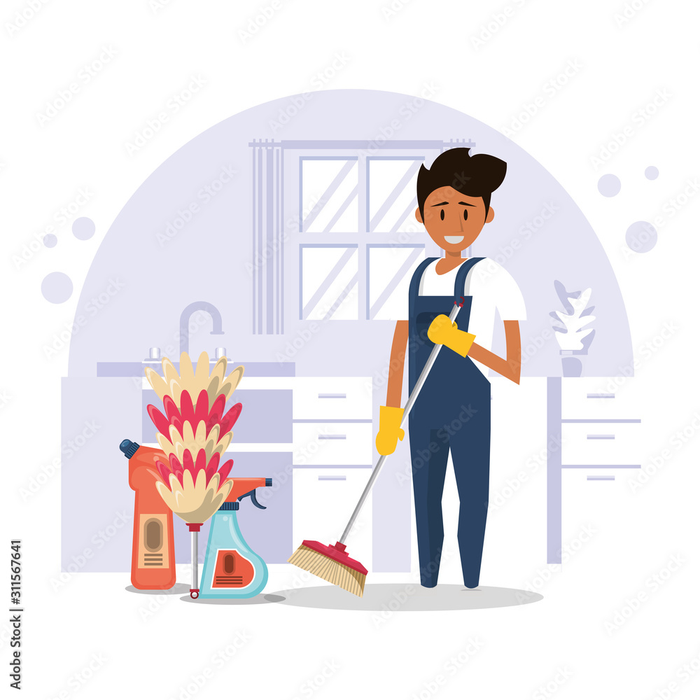 man worker in housekepping with broom man worker in housekepping with broom