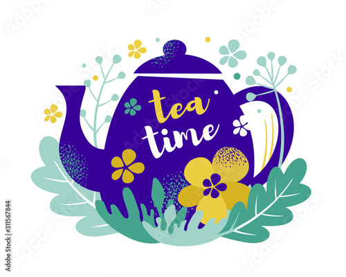 Tea time vector illustration. Teapot with floral design elements and inscription «Tea time». Blue teapot on the background of leaves. Restaurant, cafe menu or banner, flyer, card and home decor.