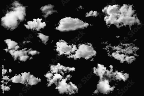 Set group of white clouds on isolated elements black background.