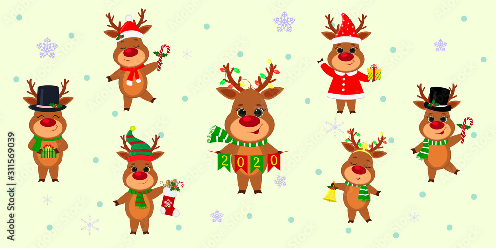Christmas and New Year 2020. A set of seven cute reindeers in different costumes with holiday accessories on a background of snowflakes. Cartoon, flat style, Vector Christmas and New Year 2020. A set of seven cute reindeers in different costumes with holiday accessories on a background of snowflakes. Cartoon, flat style, Vector