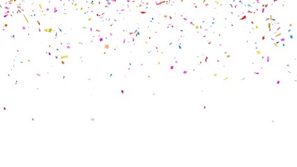 Multicolor confetti abstract background with a lot of falling pieces, isolated on a white background. Festive decorative tinsel element for design. 3d render