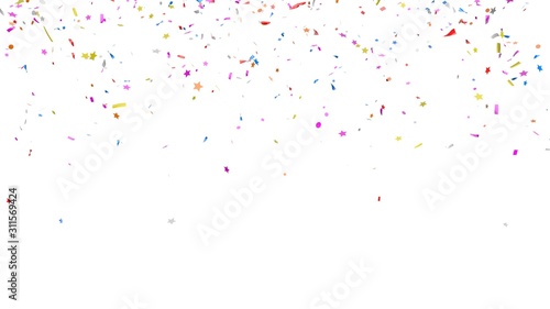 Multicolor confetti abstract background with a lot of falling pieces, isolated on a white background. Festive decorative tinsel element for design. 3d render photo