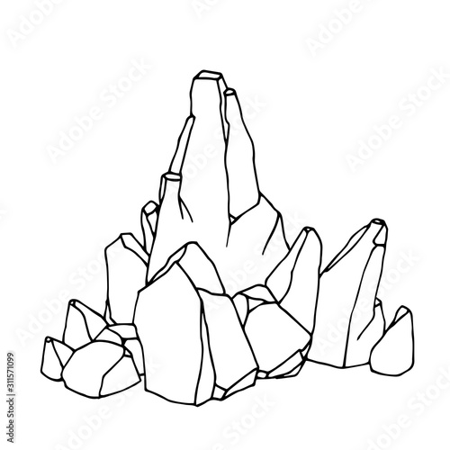stone & a boulders as a mountain peak, landscape decoration for aquarium or Park, natural weathering, vector illustration with black contour lines isolated on white background in hand drawn style