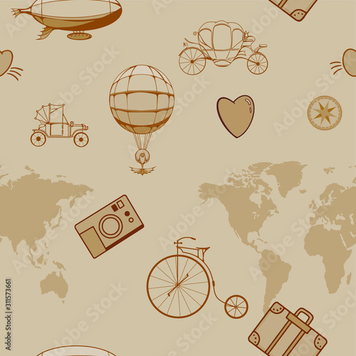 Cute vintage steampunk wallpaper, seamless background. Pattern set of bike, airship, balloon, heart, photo camera, cogs and gears.