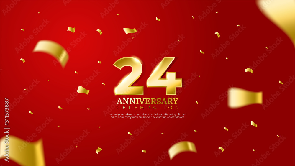 24th anniversary celebration vector red background. Golden numbers with ...