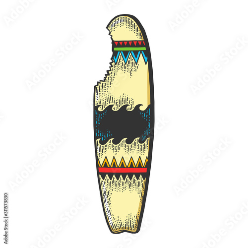 Surfboard bitten by shark sketch engraving vector illustration. T-shirt apparel print design. Scratch board style imitation. Black and white hand drawn image.