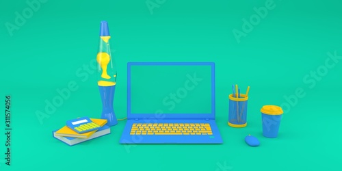 Simple mock up composition with laptop office stuff and lava lamp on turquoise background 3d render