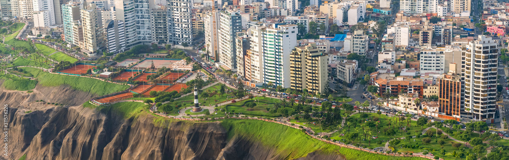 Panoramic aerial view of the pier in Miraflores district, in Lima, Peru.