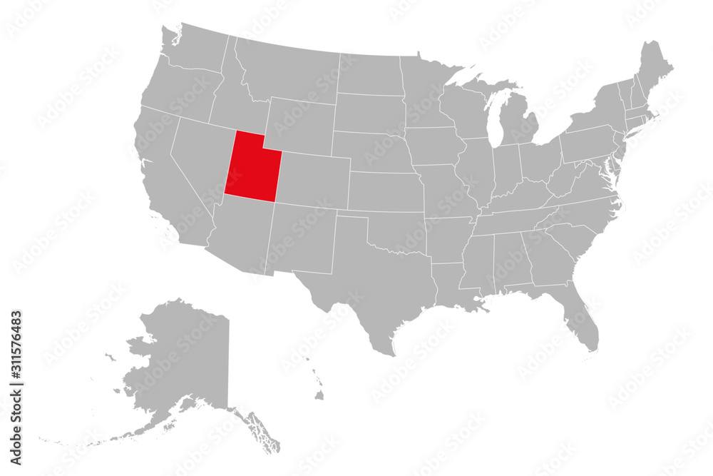 Utah highlighted red color on USA map. Gray background. USA political map.