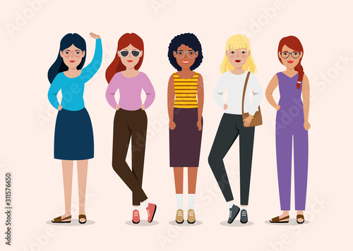 meeting of beautiful women standing avatar character vector illustration design