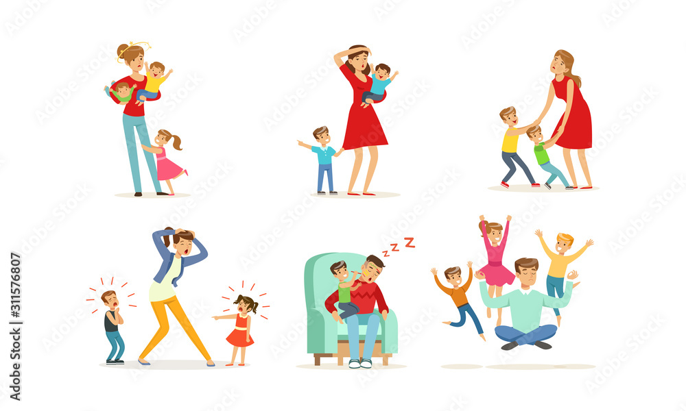 Tired Young Parents Exhausted with Nursing Little Kids Vector Illustrations Set. Kids Wanting to Play