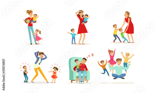 Tired Young Parents Exhausted with Nursing Little Kids Vector Illustrations Set. Kids Wanting to Play