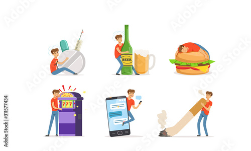 Young Man Having Bad Habits Vector Illustrations Set. Harmful Addictions Concept