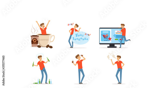 Young Man Having Bad Habits Vector Illustrations Set. Harmful Addictions Concept
