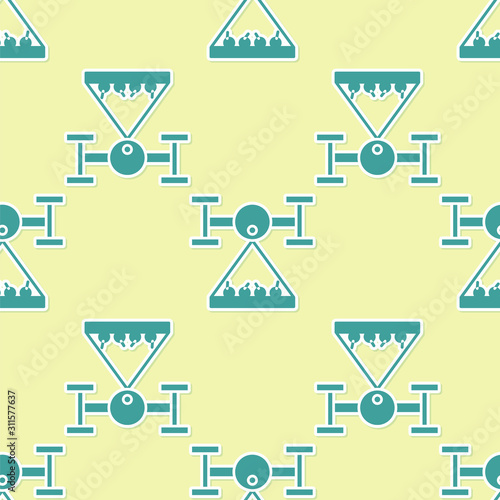 Green Smart farm with drone control collects harvest icon isolated seamless pattern on yellow background. Innovation technology for agricultural company. Vector Illustration