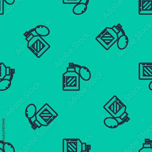 Blue line Aftershave icon isolated seamless pattern on green background. Cologne spray icon. Male perfume bottle.  Vector Illustration