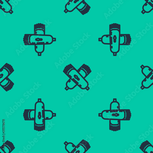 Blue line Crossed electrical hair clipper or shaver icon isolated seamless pattern on green background. Barbershop symbol.  Vector Illustration