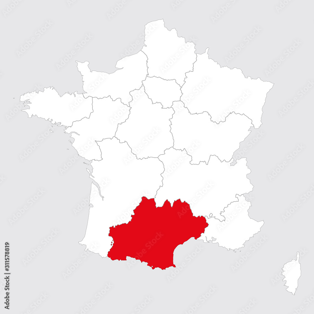 Occitanie province highlighted red on france map. Gray background ...