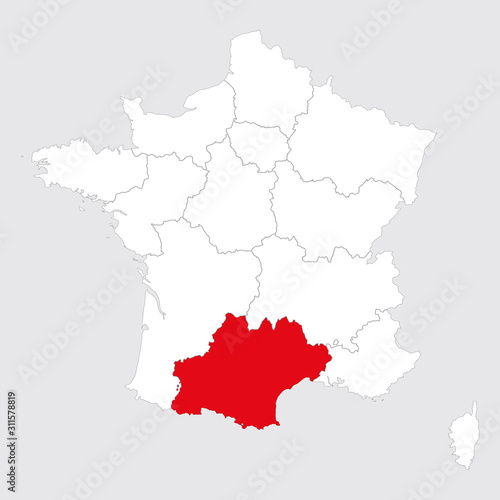 Occitanie province highlighted red on france map. Gray background.