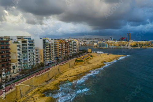 Aerial view ofAerial view of Sliema city. Winter, sea, seafront, cloudy sky. Malta 