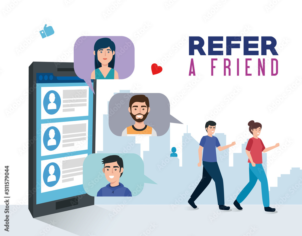 poster of refer a friend with young people and smartphone vector illustration design poster of refer a friend with young people and smartphone vector illustration design