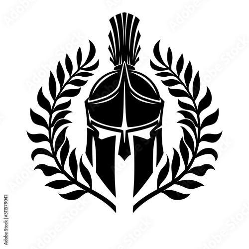 Black Spartan helmet on a white background.
