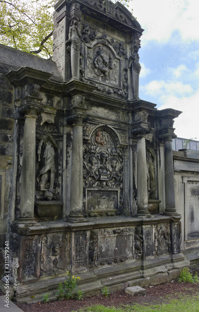 Greyfriars kirkyard - ornamented tombstone - I - Edinburgh