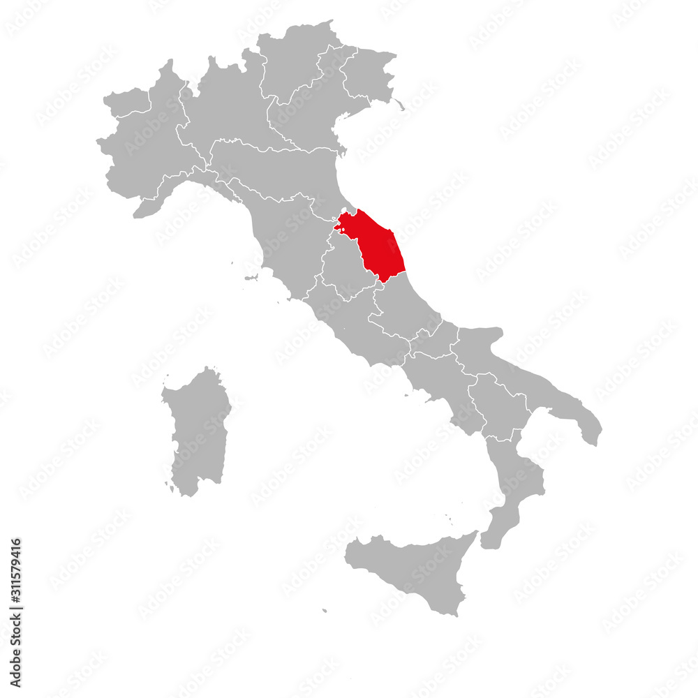 The marche province marked red on italy map. Gray background. Italian political map.