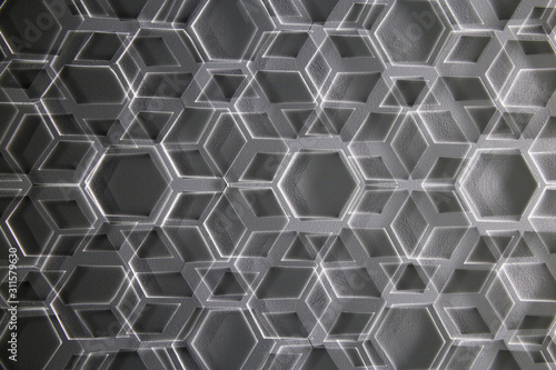 Hexagonal pattern. Abstract modern technology or architecture image. Geometric background with  polygonal composition in black and white.